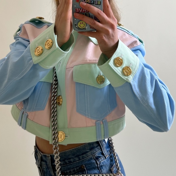 Balmain Multicolor Pastel Crop Blue Pink Seafoam Green Button Jacket Denim - Picture 4 of 11